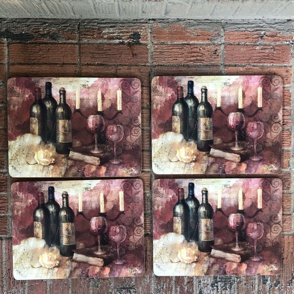 Set of 4 Vintage Wine Art Print Hardboard Cork Back Placemats
